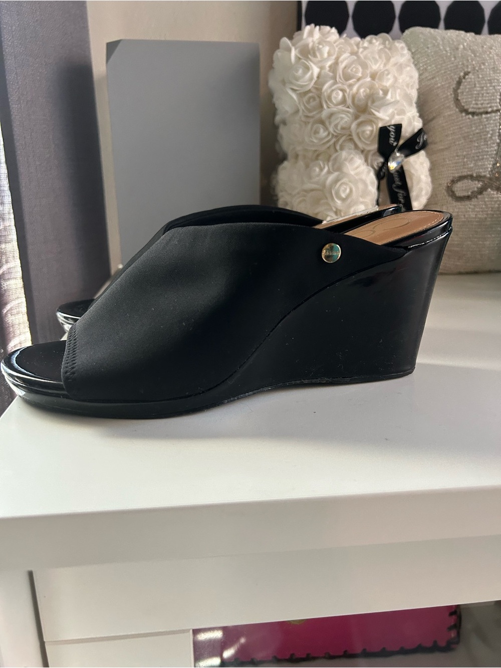 Black Wedge Slip-On Sandals